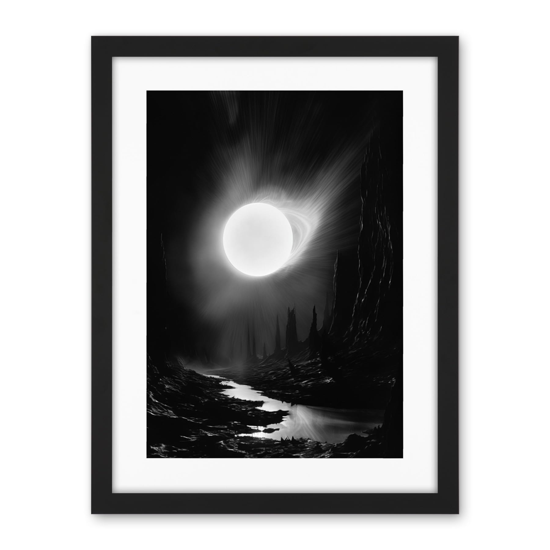 Artery8 Solar Flares Dramatic Fantasy Landscape Black and White Surreal Hades Underworld Artwork Framed Wall Art Print 18X24 Inch