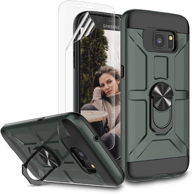 Jeylly Case for Galaxy S7 Edge with Soft Screen Protector, 360 Rotating Ring Kickstand Holder [Work with Magnetic Car Mount] Armor Defender Shockproof Case for Samsung Galaxy S7 Edge, Green