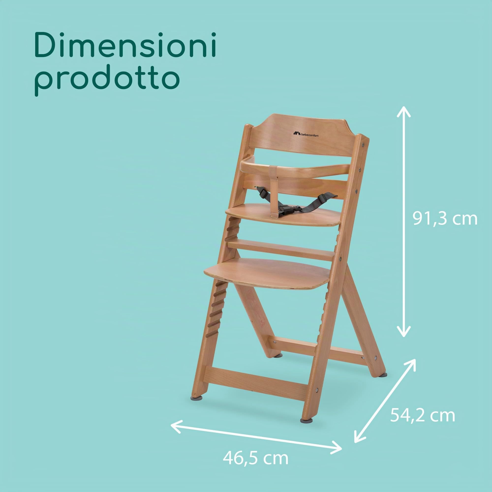Bebeconfort Timba Seggiolone Evolutivo in Legno, 6 mesi-99 anni, 110 kg, Seggiolone Pappa per Bambini con Vassoio, Seduta e Poggiapiedi Regolabili, Compatibile con Sdraietta Timba Baby,Legno Naturale