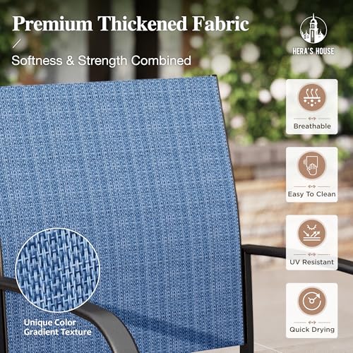 Image of HERA'S HOUSE 5pc Patio Dining Set for 4, Outdoor Metal Table & Blue Chairs | Textilene chairs + 37 inch square table with umbrella hole. Waterproof, rust-resistant, all-weather for backyard, porch