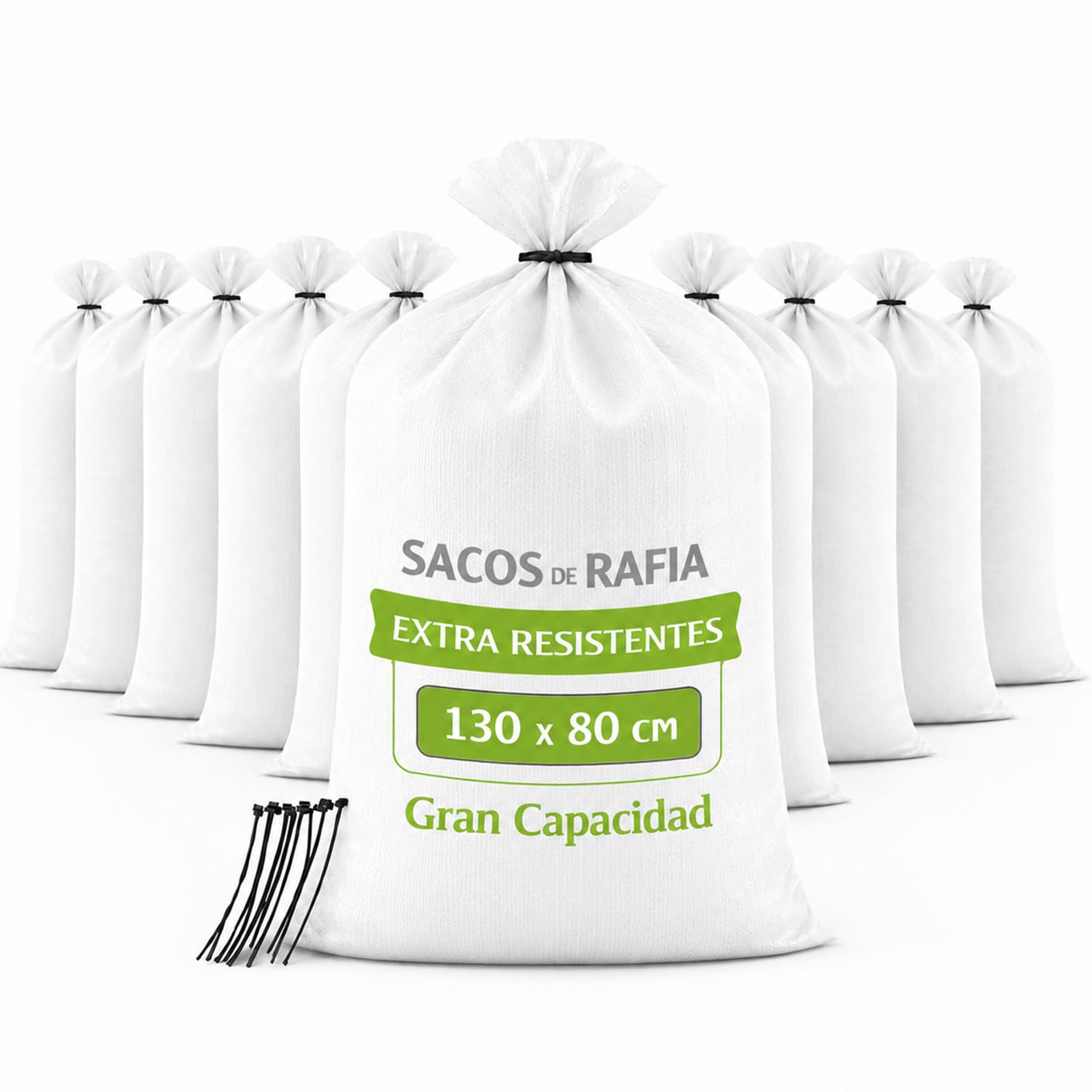 Sacchi per detriti 120 x 98 cm di Rafia PP bianco extra resistenti, 10 sacchi da costruzione grandi per giardino, lavori e rifiuti - alta capacità e durata - fascette di chiusura incluse