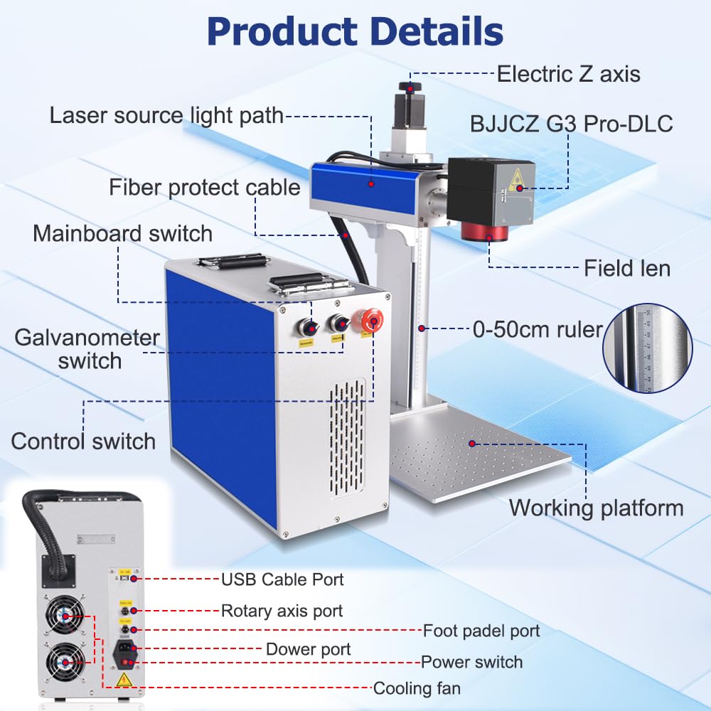 100W 2.5D JPT MOPA M7 Faserlaser-Markierungsmaschine und Lasergravierer mit Autofokus und motorisierter Z-Achse, 175mm Feldlinse, D80 Rotationsachse, für Tiefen- und Reliefgravur, CE, 220V