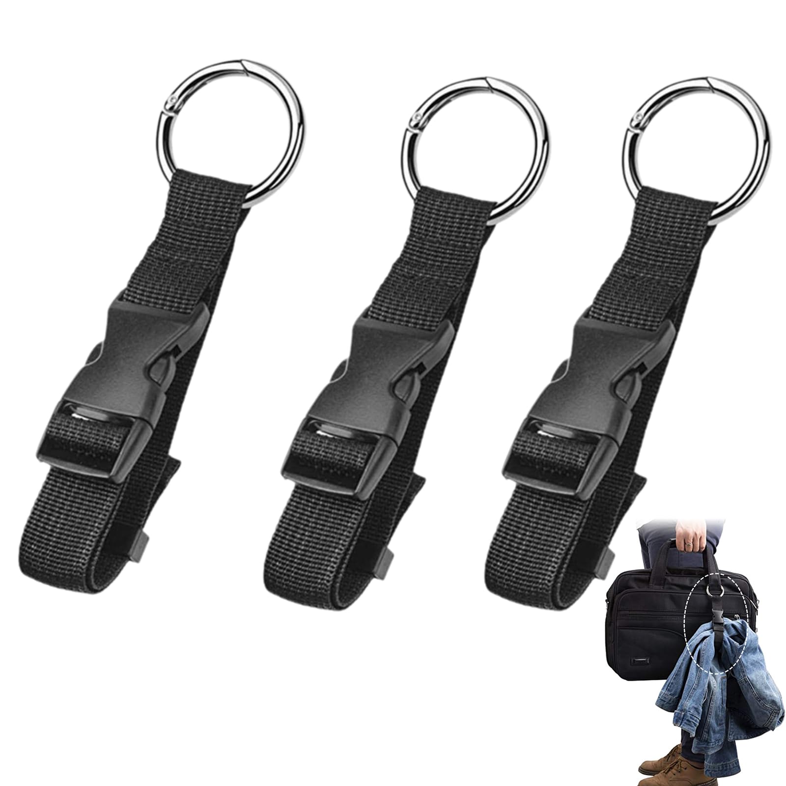 Cinghie per Bagagli 3 Pezzi Regolabili in Nylon con Moschettone e Fibbia Robusta, Accessorio da Viaggio per Valigia e Zaino, Nero, Facile Fissaggio per Trasporto Sicuro