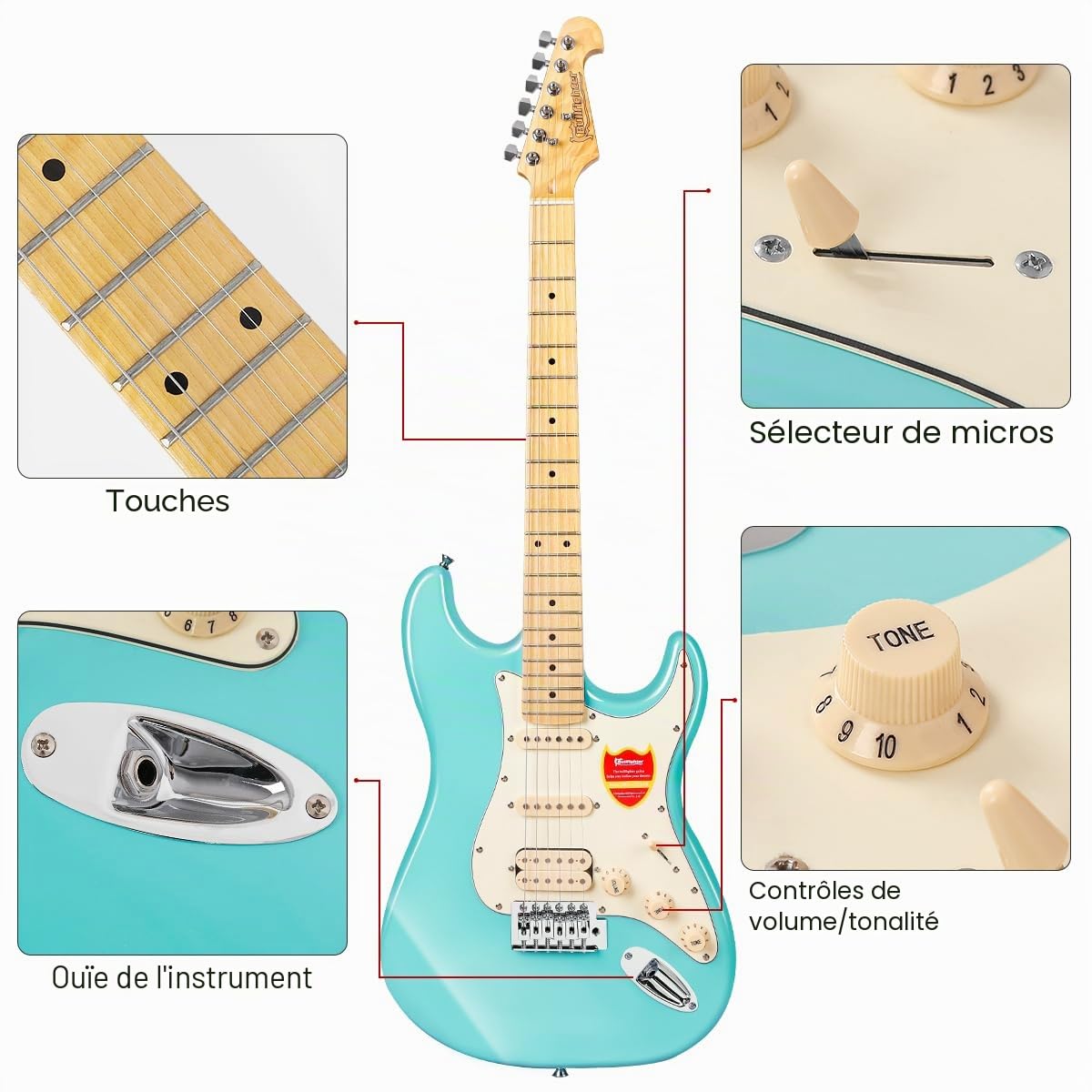 Bullfighter 39 pouces Guitarra eléctrica, taille 4/4 complète, micro HSS, stratocaster ST pour débutants amateurs de musique, avec housse, sangle, médiators, accordeur, cordes, câble. D-120 (Vert)