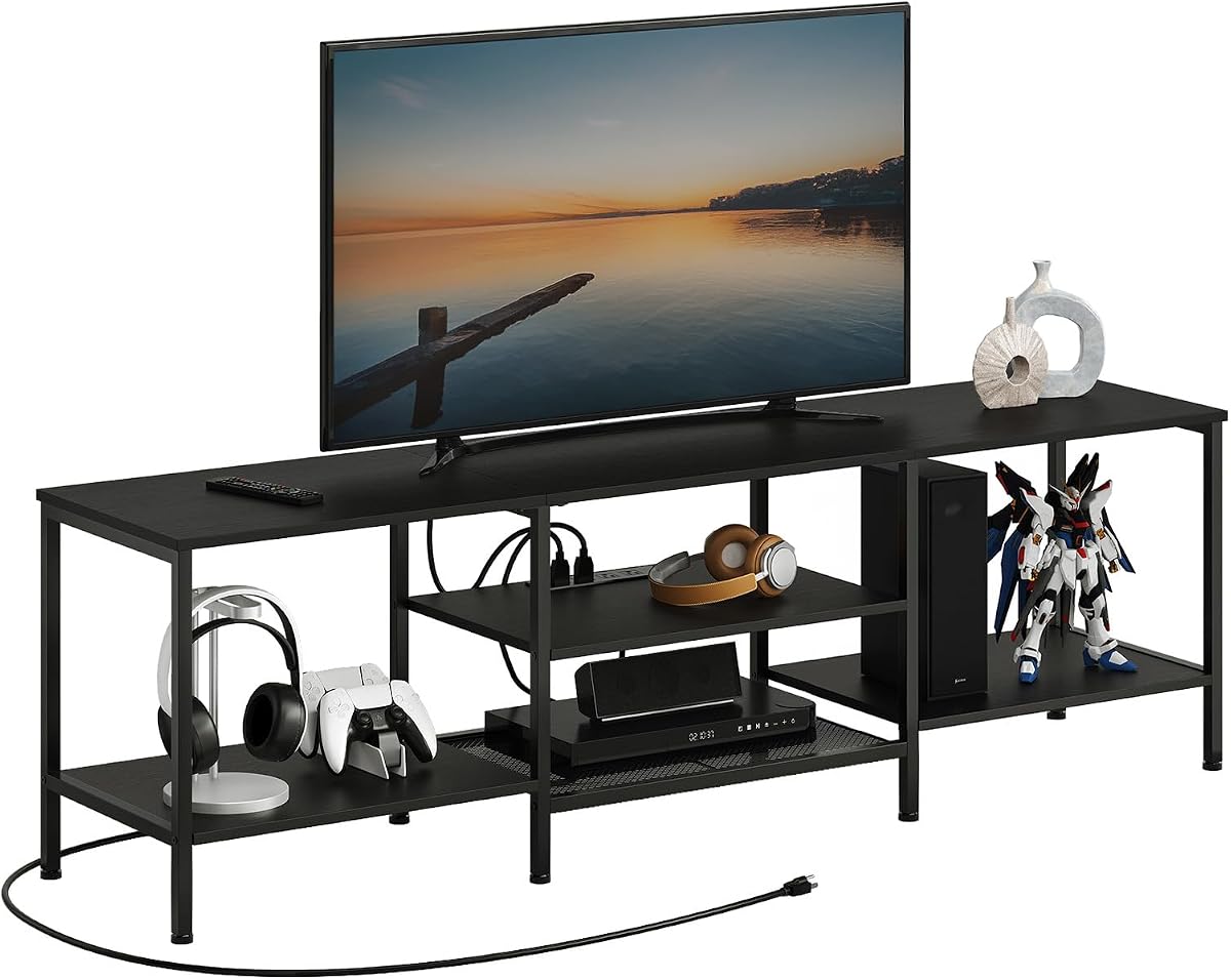 HOOBRO TV Stand with Power Outlets to 75 Inches, TV Console Table with Open Storage Shelves Cabinet, Industrial Media Entertainment Center for Living Room Bedroom, Black BB60DS01