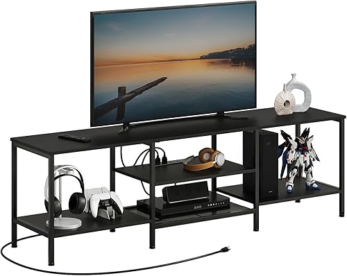 Miniatura 11 de HOOBRO Soporte de TV con tomas de corriente hasta 75 pulgadas, mesa consola de TV con gabinete de estantes abiertos, centro de entretenimiento café