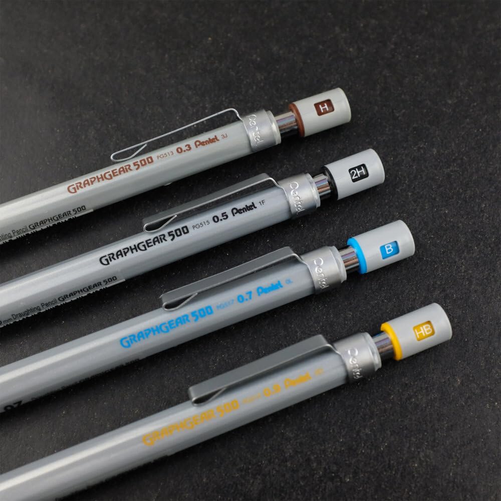 Pentel GraphGear500 PG515 ołówek automatyczny z metalowym uchwytem, 0,5 mm, stopień twardości HB (12 sztuk)