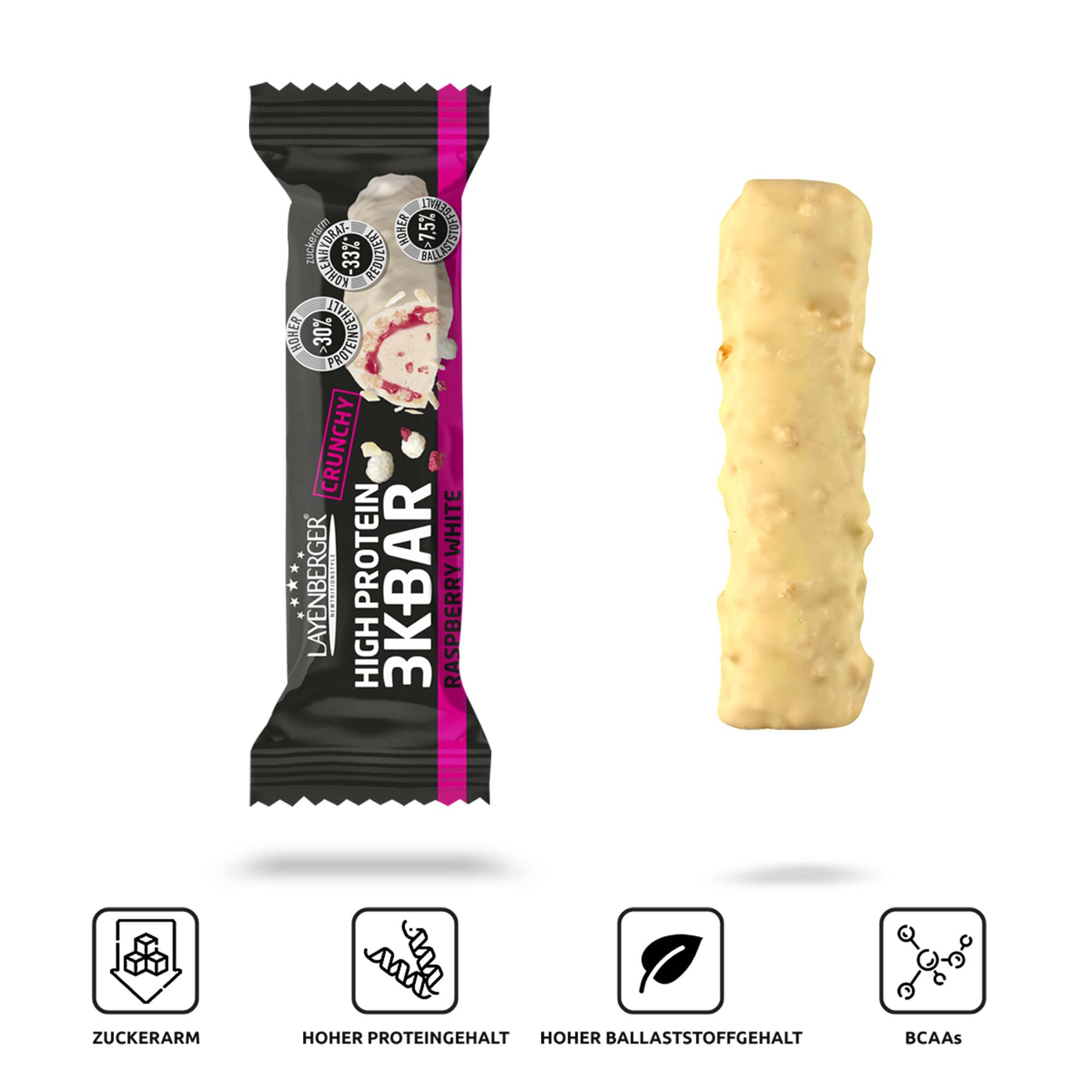 Layenberger 3K Protein Bar Crunchy - Fitness Riegel - viel Eiweiß, wenig Zucker - 15er Pack (15 x 45 g) - Raspberry White