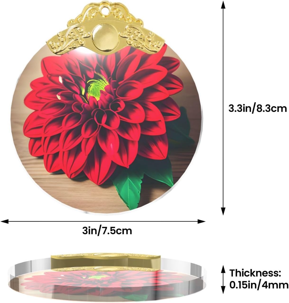 Wooden Board Retro Flower Red Dahlia Print Round Handmade Glass Pendant,Anniversary Present and Creative Indoor Decoration for Holidays image 3