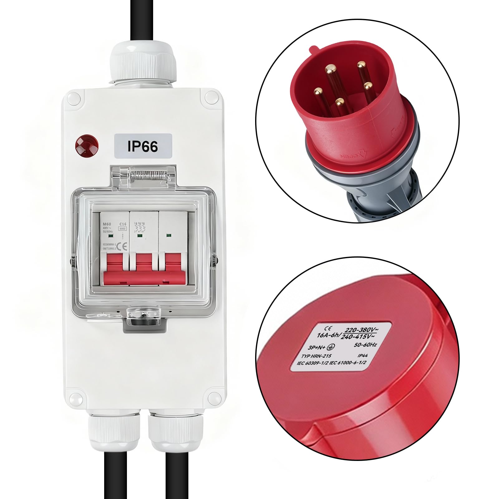 Adattatore CEE da 32A a 16A con interruttore automatico CEE spina 5P 32A a 5P 16A Connettore adattatore da uno a due alta corrente adattatore H07RN-F 5 * 2.5mm²*22.5cm*3 prolunga IP66