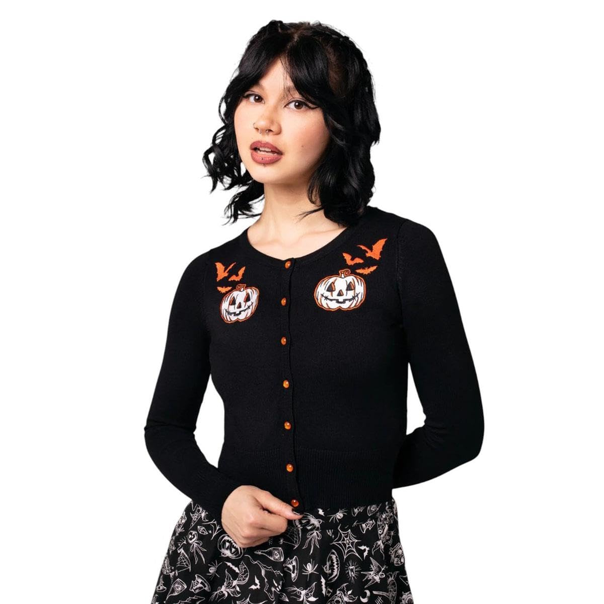 Hell Bunny Women's Black Hollow Halloween Style Pumpkin Printed Cardigan Sweater In | Size: Medium