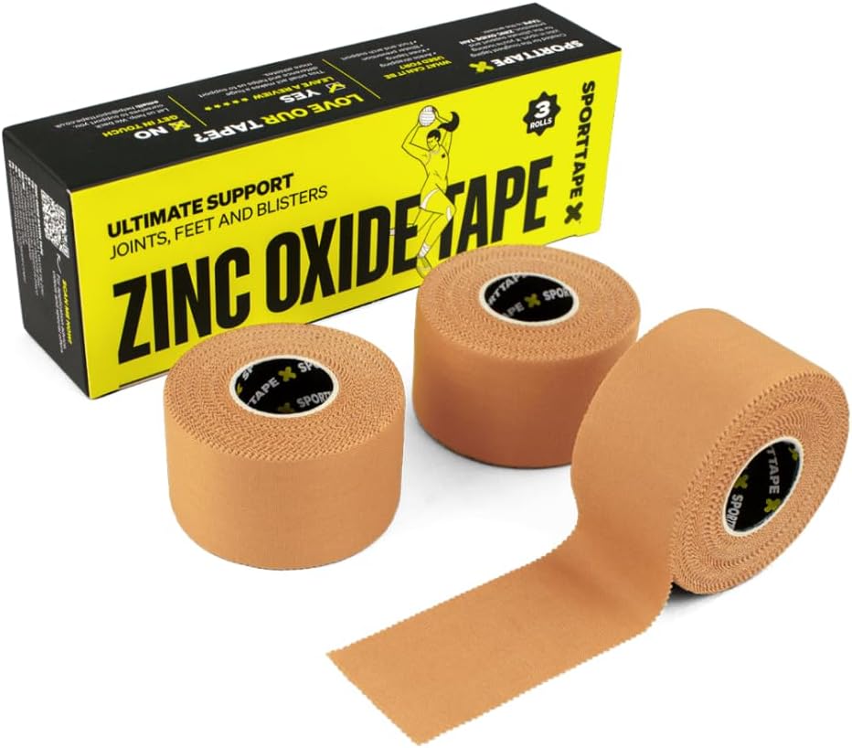 3 Rolls SPORTTAPE Tan Zinc Oxide Tape 3.8 cm x 10 m – Rigid Rayon Strapping for Blister Prevention, Ankle & Joint Support | Strong Adhesive Athletic Tape for Rugby, Football, Physio