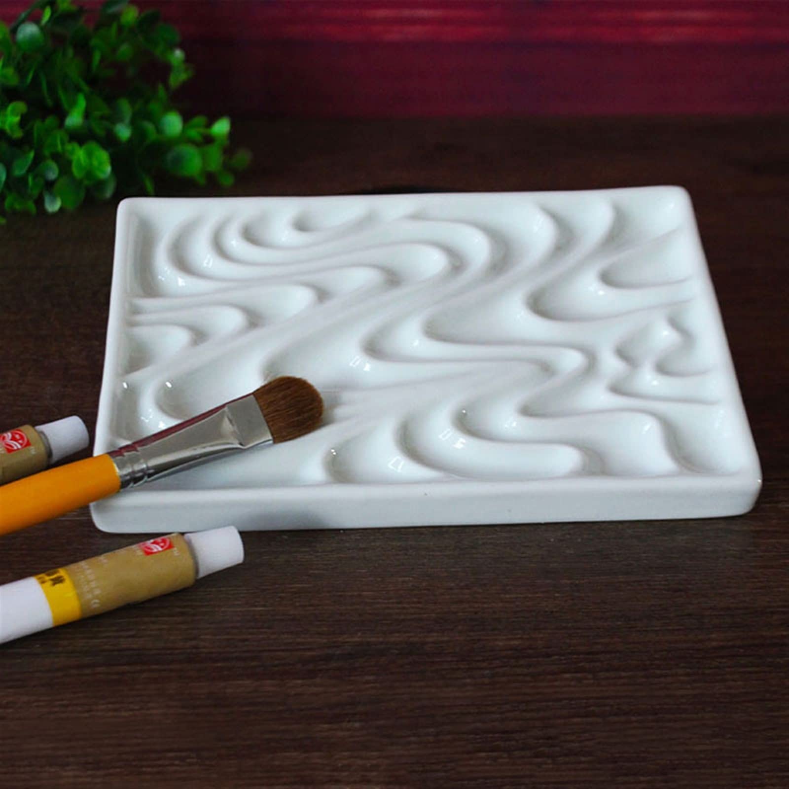 Paleta de cerámica para artistas, paleta de ondas rectangulares blancas, adecuada para acuarela, gouache y bandeja de mezcla de pintura al óleo