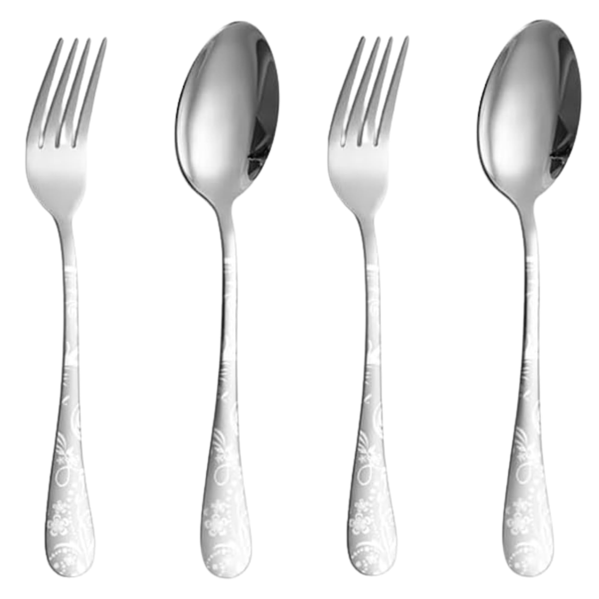 KitchAntique Sterling Silver 4-Piece Cutlery Set with Floral Printed Handle | 2 Tablespoons & 2 Dinner Forks (8.1") | Du