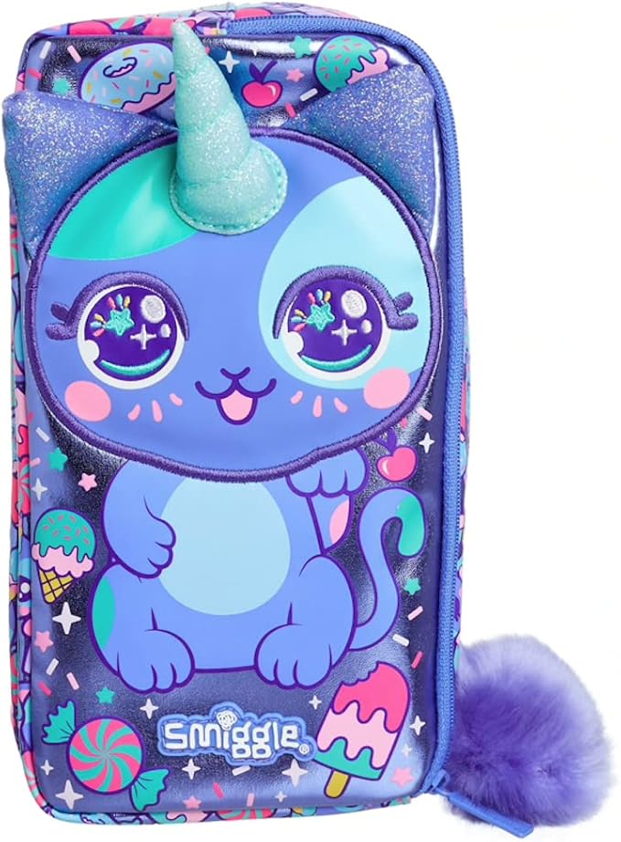 Smiggle Two Pocket Soft Pencil Case w/Pompom (Budz Purple UniCat) Amazon.co.uk Stationery