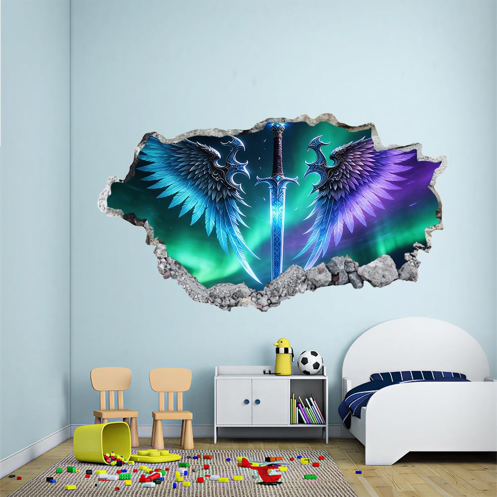 Decorazione da parete 3D, Ali Blu-Viola Stanza dell'autoadesivo della parete smontabile Spada Aurora per bambini Nursery Decorazioni