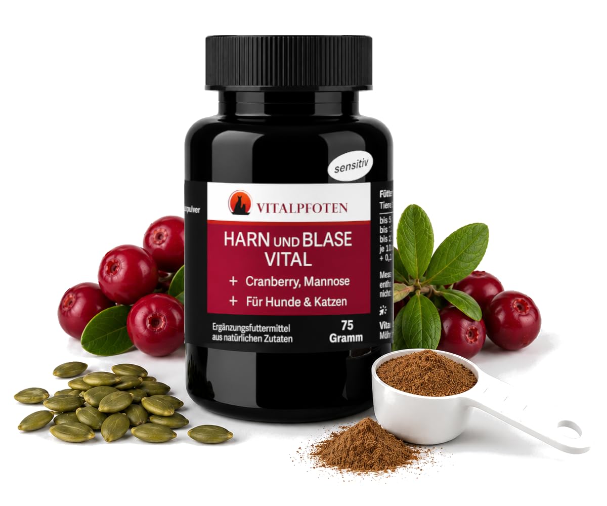 75 Gramm Harn und Blase Vital sensitiv Pulver für Hunde & Katzen mit Cranberry, Mannose und Kürbiskern, pflanzliche Hausmittel - Rezeptur bei Blasenentzündungen und Inkontinenz