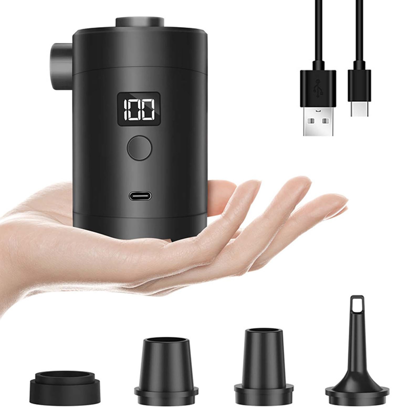 Pompa do Napełniania Powietrza, Wbudowany Akumulator USB 280L/min - 3600mAh Wysoka Pojemność, 4 Dysze, Cyfrowy Wyświetlacz, Przenośna Mini do Materace Dmuchanych i na Kemping