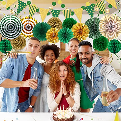 Image of Green Gold Party Decorations, Graduation Season Hanging Glitter Triangle Flags Banner Paper Fan Tissue Pom Poms Garlands, St. Patrick's Day, Bridal Shower, Green Master Golf Themed Birthday