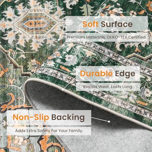 Rugland 5x7 Area Rugs - Stain Resistant Washable Rug, Anti Slip Rugs for Living Room, Vintage Tribal Area Rugs(Medallion 01-Green/Grey, 5'x7')