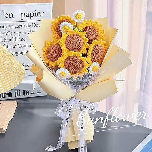 Miniatura 4 de 8 piezas de flores artificiales de margaritas de girasol artificiales de punto para decoración de flores de ganchillo tejidas a mano, flores hechas