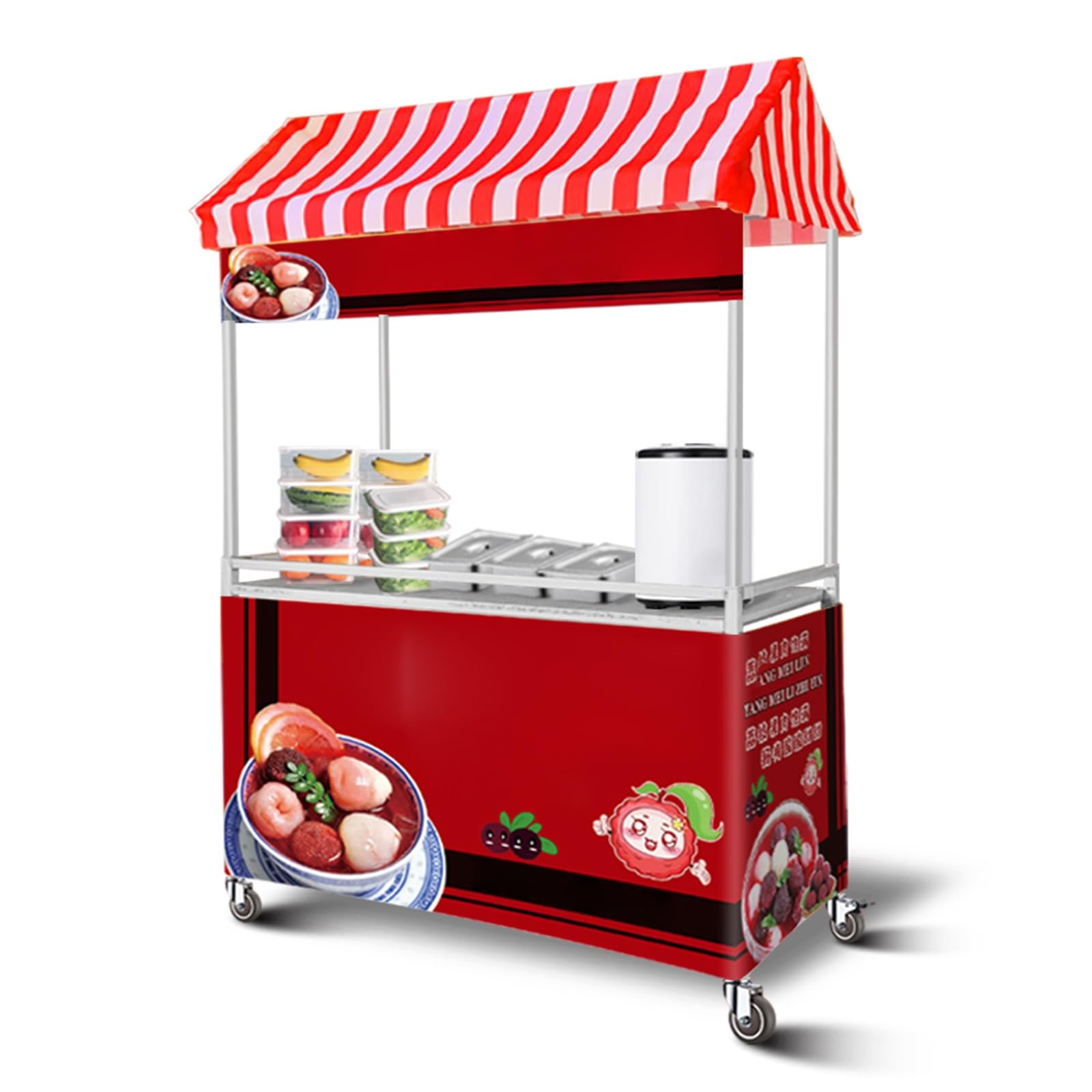 Carrello Da Vendita Mobile Per Esterni Con Tetto A Strisce, Banco Pieghevole Per Street Food, Snack E Bevande, Doppio Ripiano E Ruote Bloccabili, Ideale Per Mercatini Ed Eventi Pop-up