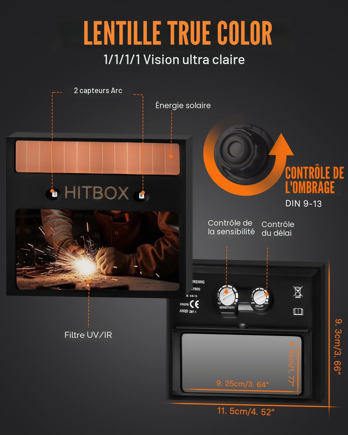 HITBOX Masque de Soudeur Automatique - 3.64 "X1.77 Grande Vue Auto Assombrissement True Color Casque de soudage Solaire avcz 2capteurs d'arc DIN 4/9-13 pour Casque de Soudure TIG/MIG/Arc/Cut