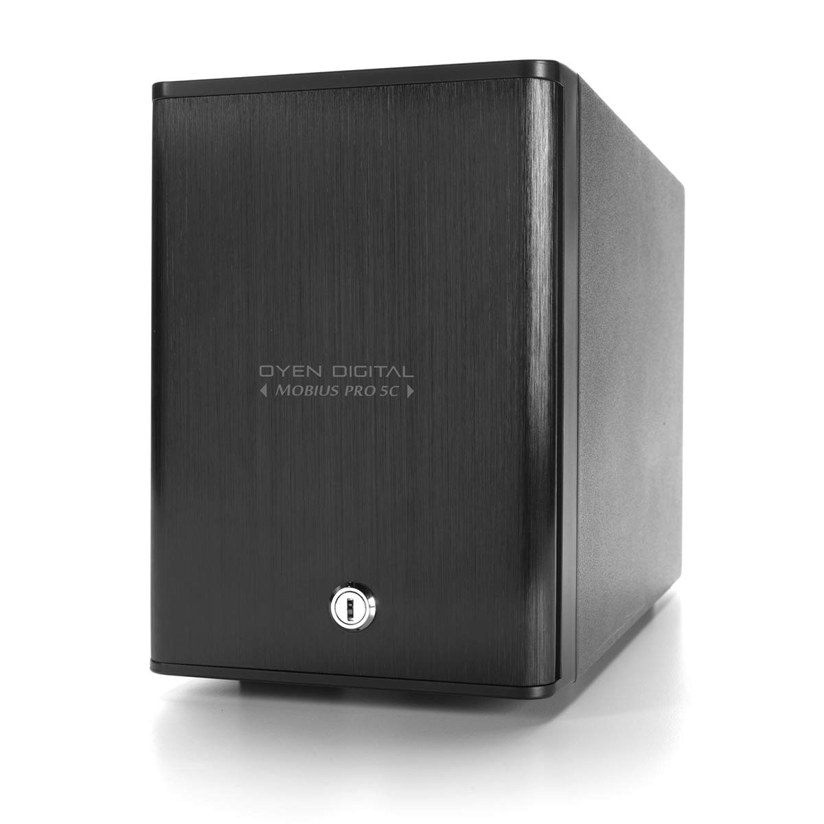 posterior view of the Oyen Digital Mobius Pro 5C showing the power input, power switch, main USB 3.1 10Gbps port, and hub USB 3.1 5Gbps port.