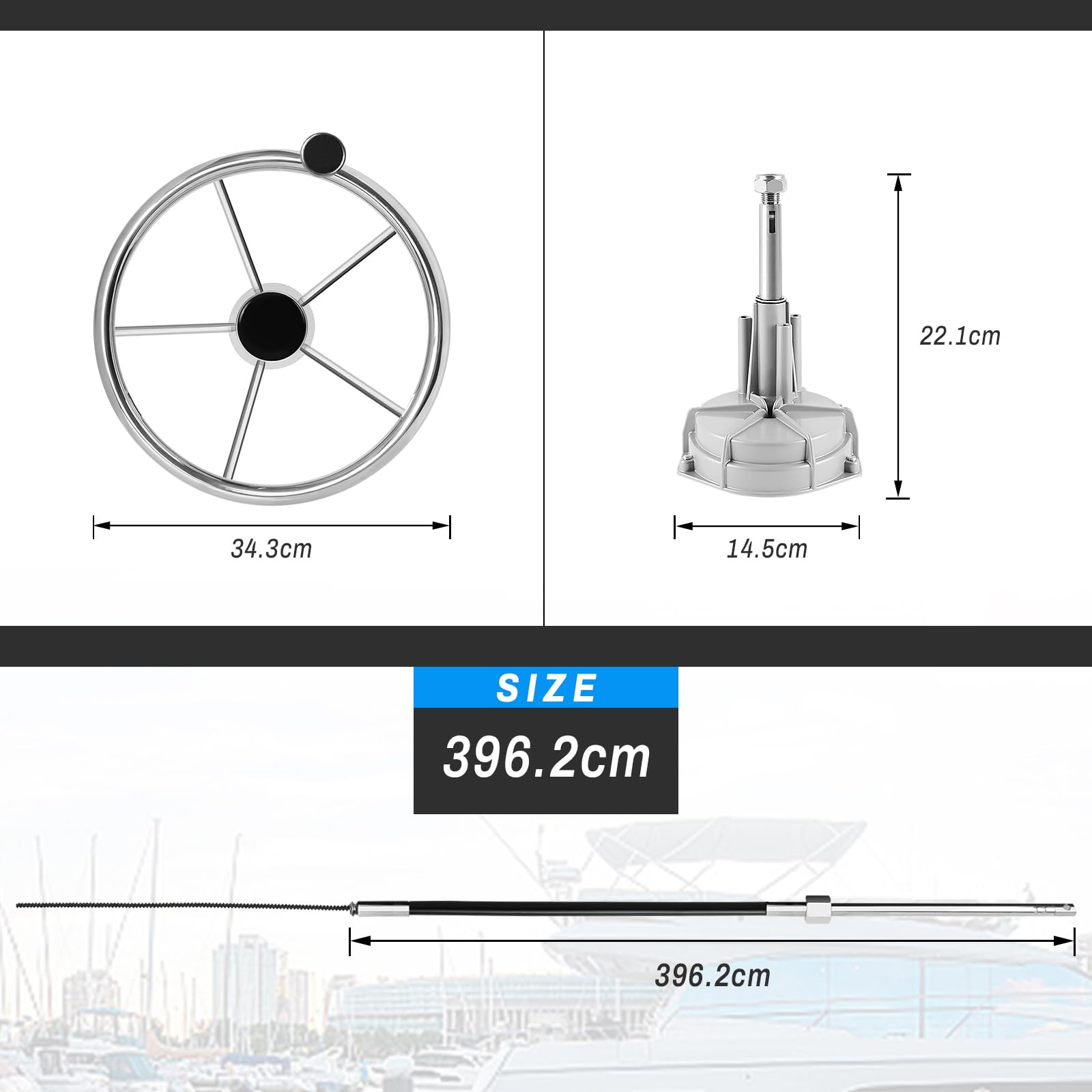Boats Lenksystem, mechanisches Drehlenkungs-Kit für Außenbordmotoren, mit Lenkrad und langem Schiffskabel, für Fischerboote, Yachten und andere Wasserfahrzeuge (396,2 CM)