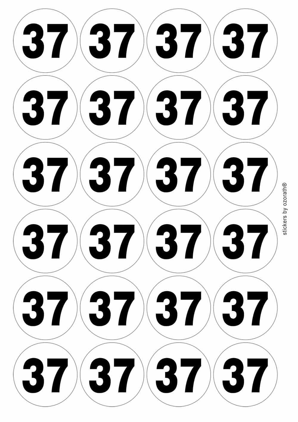 Plain Number 37 Thirty Seven Circular Matt Paper Stickers A4 Sheet of 24 (Each Sticker is 45mm Diameter)