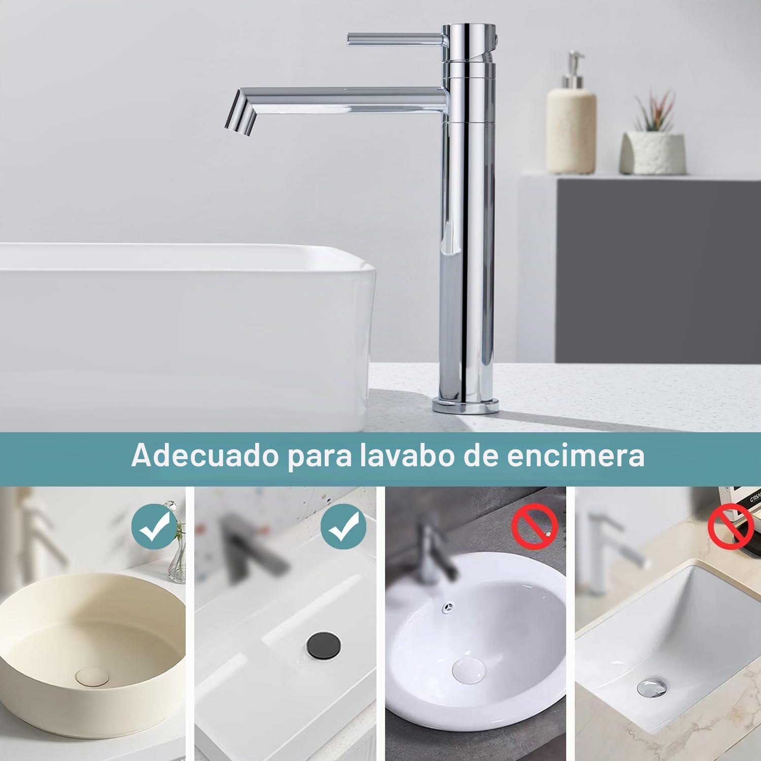 Ulytid Grifo Lavabo Alto Cromado, Grifo de Baño Giratorio de 360° para Lavabos Elevados, Mezclador Monomando de Acero Inoxidable 304 con Altura Del Caño de 204 mm, Agua Fria y Caliente Disponible