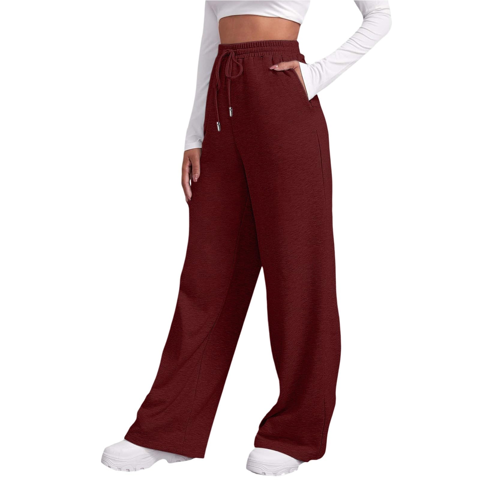 Pantalon de jogging pour femme - Avec poches - Aéré - Pantalon d'été léger - Avec cordon de serrage - Taille élastique - Pantalon de survêtement stretch - Jambe droite - Pantalon de sport décontracté