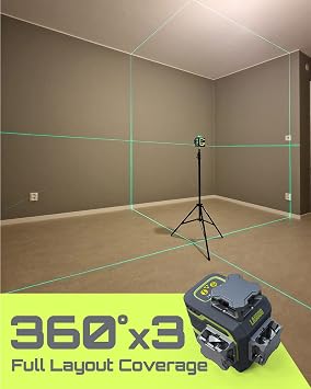LasGoo LG-3D Laser Level Self Leveling 3x360, 3D Green Beam Cross Line Laser for Construction and Picture Hanging, 2 Rechargeable Batteries (20 Hrs), Magnetic Liftable Stand Included, Green