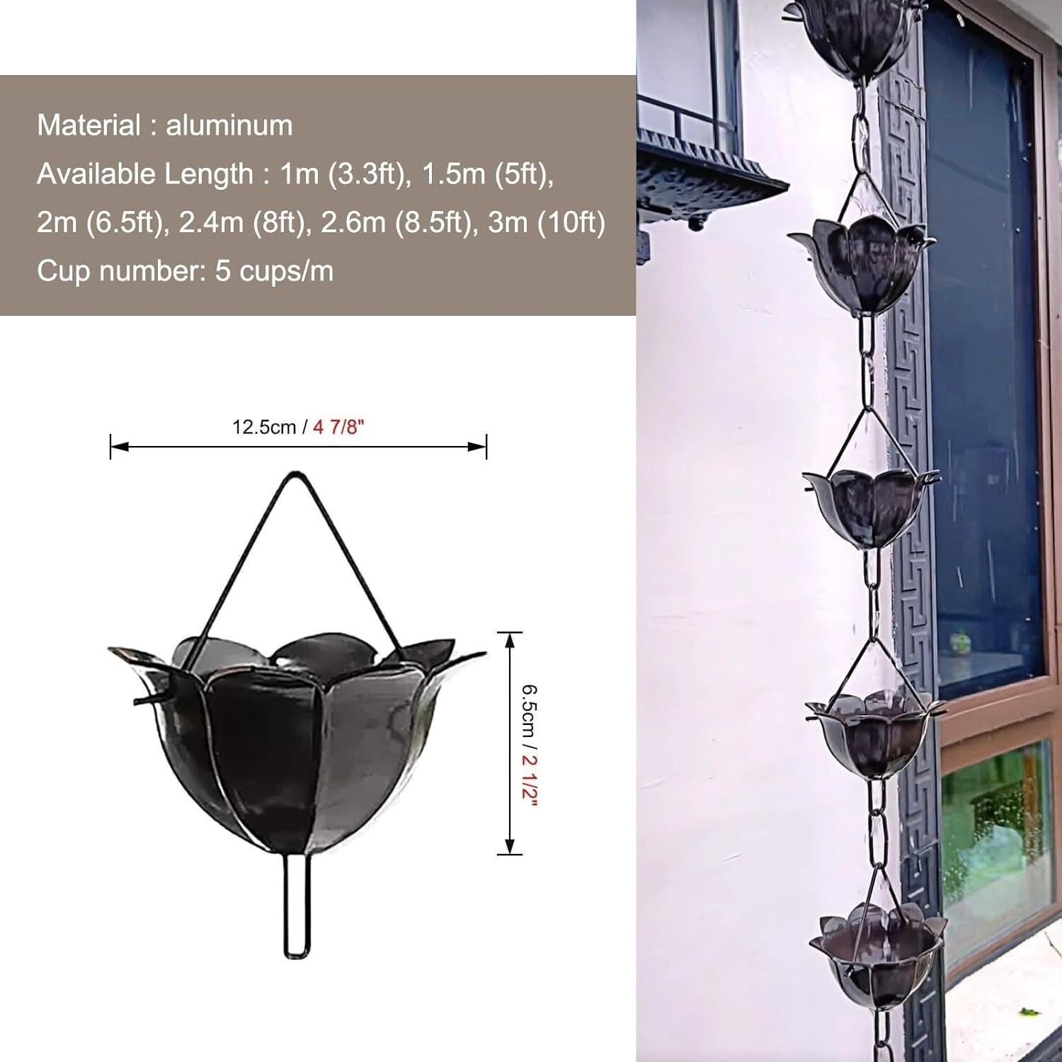 Regenkette, Regenrinnenkette for die Entwässerung von Traufen im Außenbereich, Regenketten for Dachfallrohre mit Einstellbarer Länge(200cm (6.5ft))