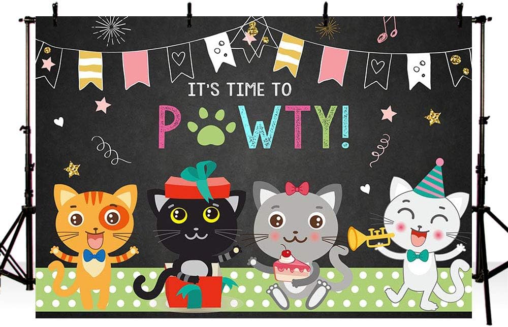 MEHOFOTO Cute Cat Birthday Party Photo Booth Backdrop Props It's Time for A Pawty Cats Pet Puppy Music Black Birthday Photography Background Banner for Cake Table Supplies 7x5ft