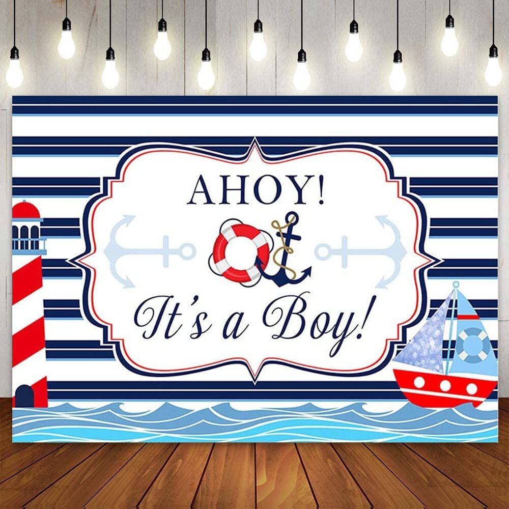 Vinyl Boy Baby Shower Backdrop It's a Boy Blue Stripes Marine Sea Lighthouse Ship Background Party Banner