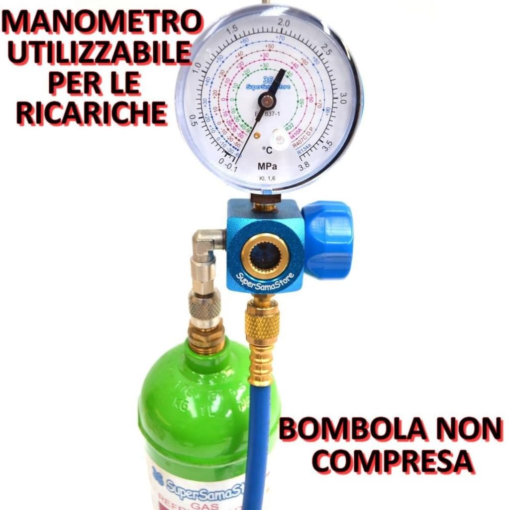 3S SuperSamaStore Kit Pompa Carica e Vuoto, Set Manutenzione/Ricarica Gas Refrigerante per Impianti Climatizzazione, Kit Pompa Vuoto 70 Lt/Min, Manometro-Vacuometro per R32 R410A R407C R134A e Frusta