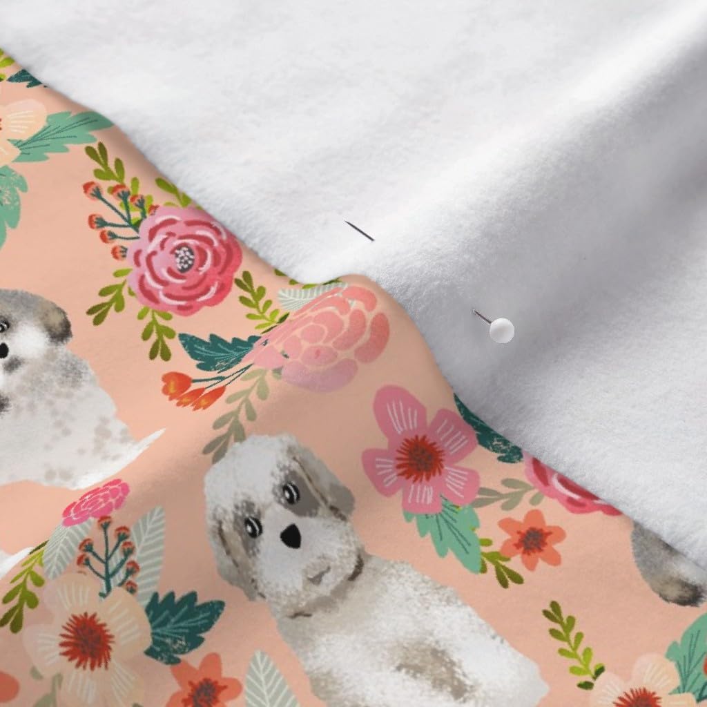 Spoonflower Fabric - Shih Tzu Florals Peach Pink Girls Sweet Pet Dogs Breeds Vintage Printed on Polartec(R) Fleece Fabric by The Yard - Sewing Blankets Loungewear and No-Sew Projects