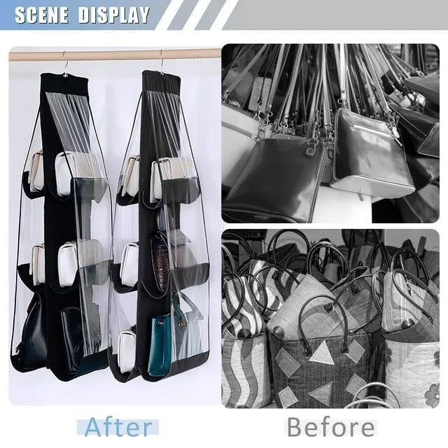 Image of Hanging Handbag Organizer - Multi-Compartment Purse Storage with Adjustable Hooks - Space-Saving Closet Organizer for Handbags, Purses, Wallets - Durable, Home (2 Pcs Black)