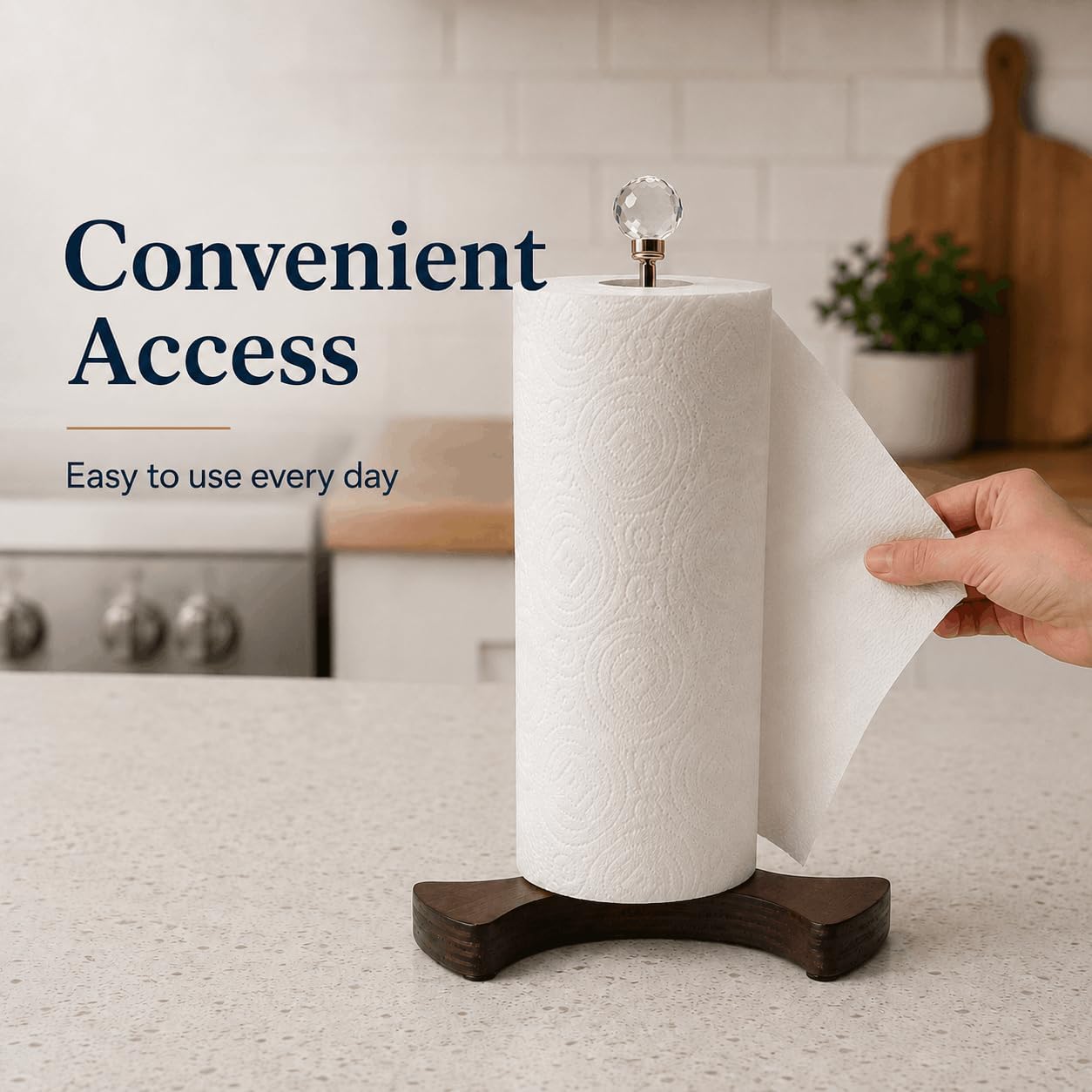 Gold Paper Towel Holder for Kitchen Countertop, Freestanding Paper Towel Stand with Crystal Ball Top, Wooden Stable Base & Non-Slip Pads, Decorative Napkin Roll Holder for Dining Table, Bathroom, Bar image 5
