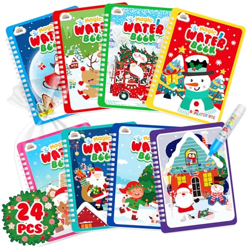 ZMLM 24 Pack Water Coloring Book for Toddlers - Mess Free Water Painting Book,Reusable Magic Paint with Water Doodle Books Party Favors for Kids Ages 3-5 Drawing Toys Gift for Girl Boy (Christmas)