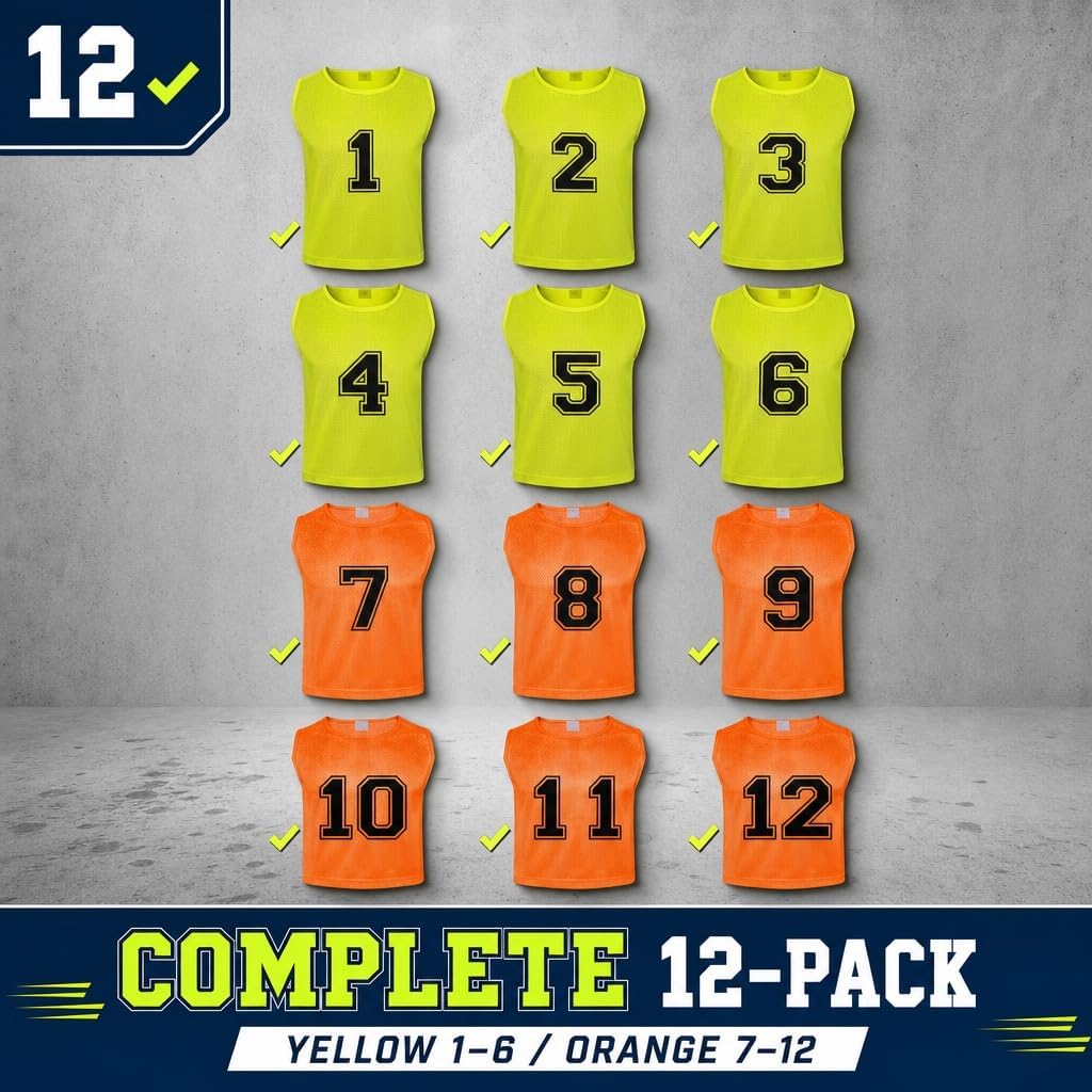 Numbered Pinnies (Red 1-6, Blue 7-12) Breathable Mesh Scrimmage Vests for Soccer Red/Blue (12 Pack) Teen