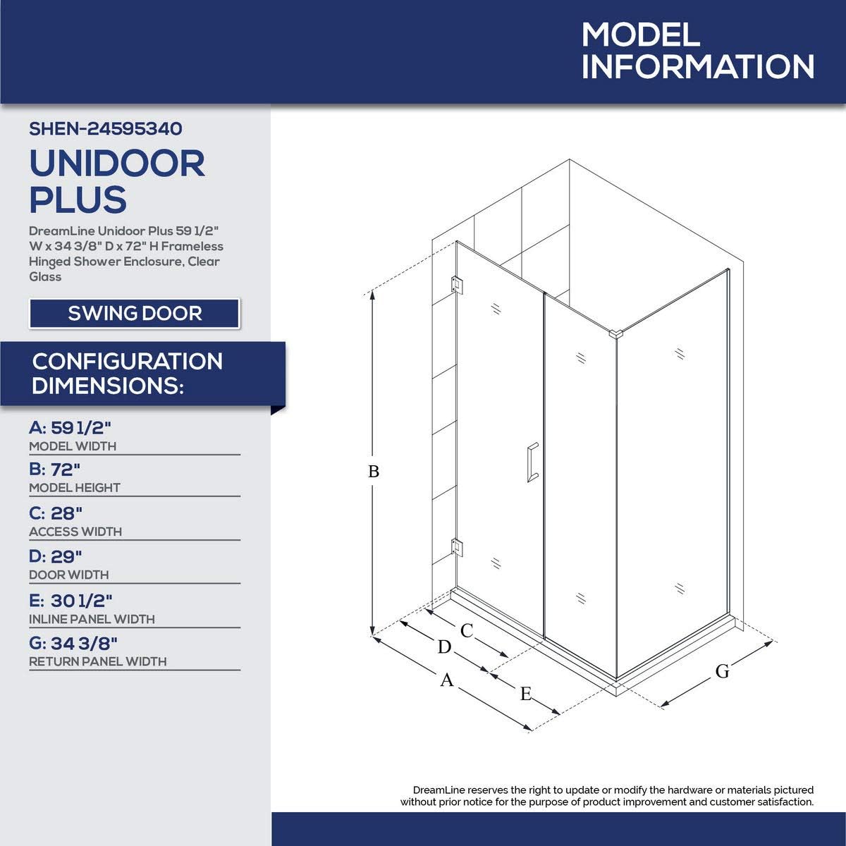 DreamLine Unidoor Plus 59 1/2 in. W x 34 3/8 in. D x 72 in. H Frameless Hinged Shower Enclosure in Satin Black, SHEN-24595340-09