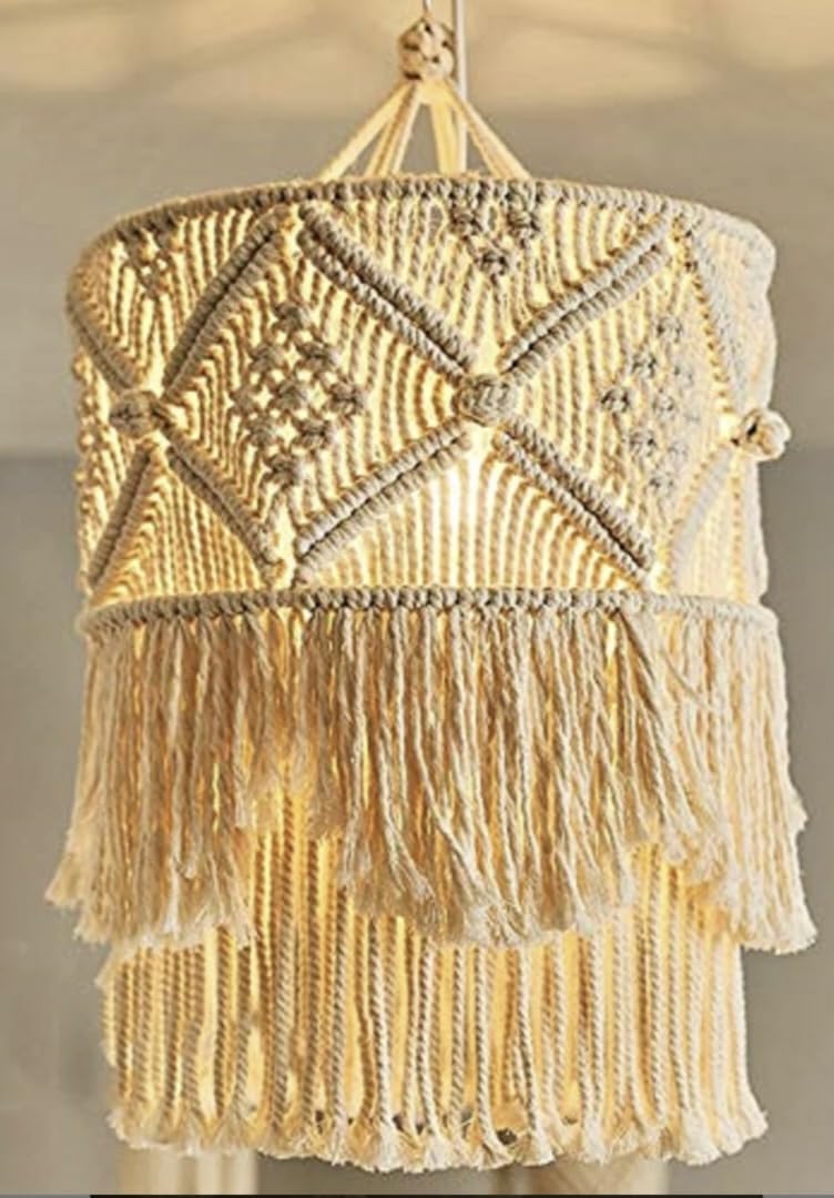 GUL DECOR | Cotton Macrame Handmade Chandelier, Boho Unique Lighting Lamp Shade Ceiling, Jhumar Handcrafted by Indian Artisans for Living Bed Guest Room Gifting, Off-White,