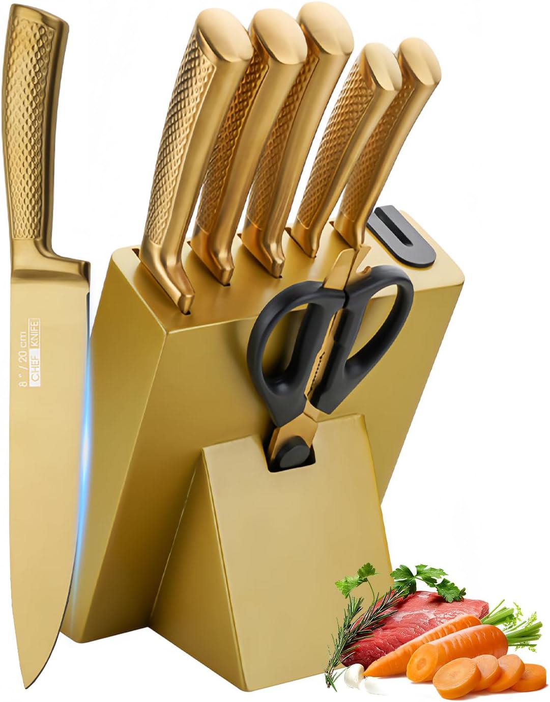 Gold Knife Set with Block, 8 Pieces Titanium-Coated Stainless Steel Kitchen Knife Sets,Non-stick Chef Knife Set with Non-slip Ergonomic Handle,Sharp Knives Set with Built-in Sharpener (Gold)