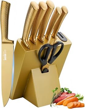 Gold Knife Set with Block, 8 Pieces Titanium-Coated Stainless Steel Kitchen Knife Sets,Non-stick Chef Knife Set with Non-slip Ergonomic Handle,Sharp Knives Set with Built-in Sharpener Gold