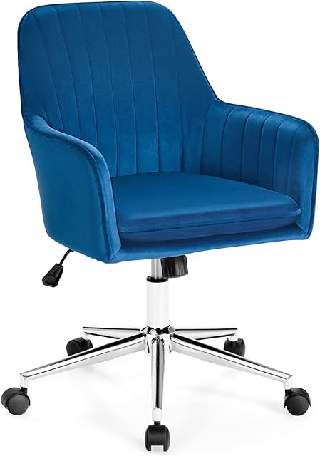 COSTWAY Home Office Chair, Ergonomic Swivel Computer Desk Chair Leisure Vanity Armchair, Height Adjustable Mid-Back Rolling Executive Task Chairs (Blue, Velvet Chair with Rocking Function)