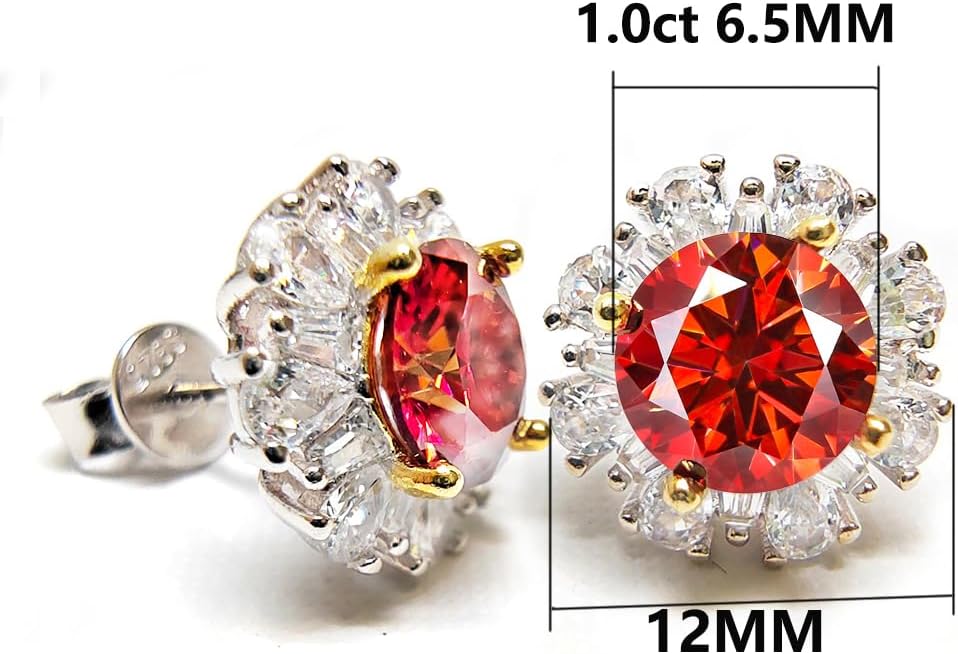 Red Moissanite Flower Stud Earrings Total 2.0ct Round Cut Lab Created Diamond Push Back Earrings for Women Jewelry 18K White Gold Plated Silver