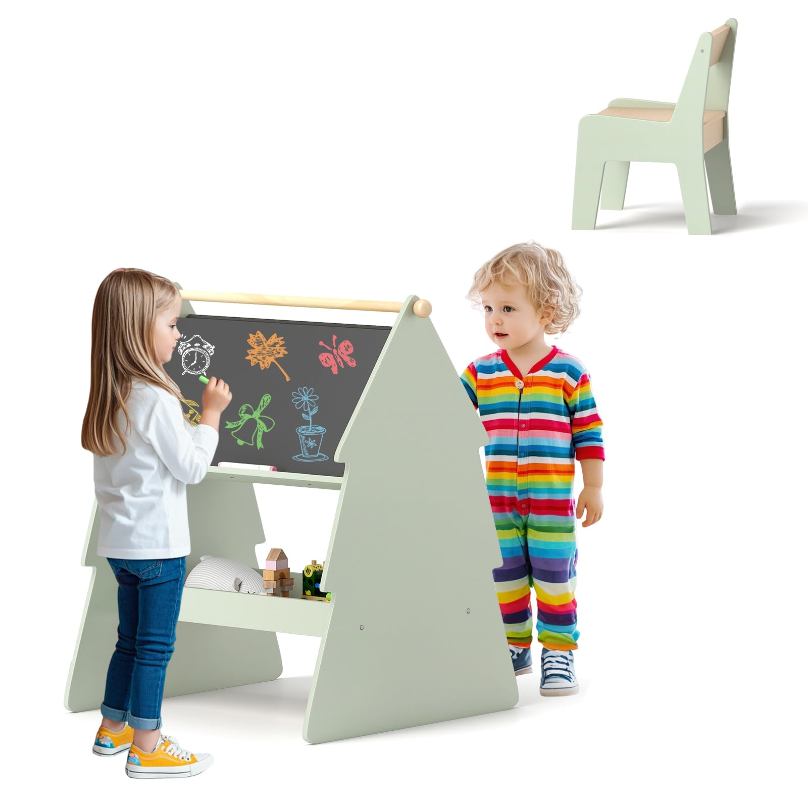 GOPLUS Juego de Caballete y Silla para Niños, Caballete con Pizarra Doble Cara, Mesa y Silla de Dibujo para Niños, con Bobina y Estante para Materiales, Caballete con Forma de Árbol para Pintar