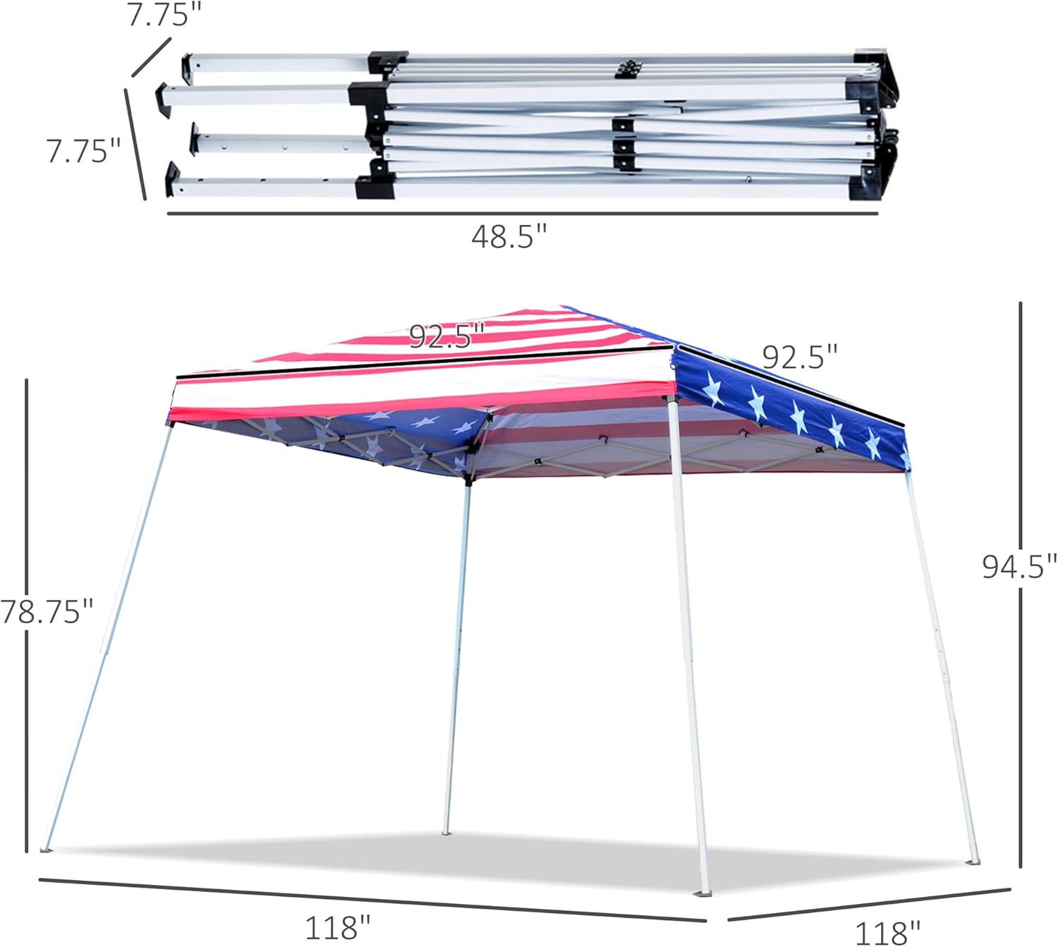 Outsunny Slant Leg Pop Up Canopy Tent with American Flag Roof and Carry Bag, Beach Canopy Instant Sun Shelter, Height Adjustable, (10'x10' Base / 8'x8' Top)